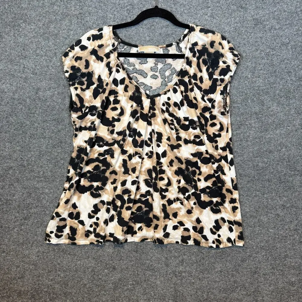 Michael‎ Kors Shirt Womens XL Animal Print Short Sleeve Blouse Stretch